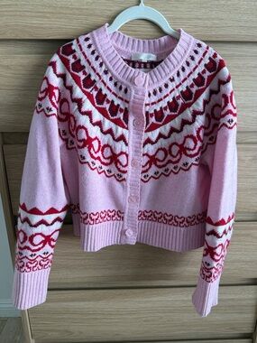 LoveShackFancy Pink & Red Patterned Women's Cardigan Sweater | L
